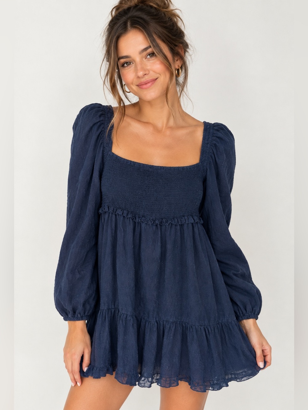 Quince Navy Smocked Square-Neck Tiered Mini Dress